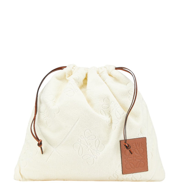 ロエベ アナグラム ドローストリングポーチ 巾着バッグ ホワイト タン パイル レザー レディース LOEWE 【中古】