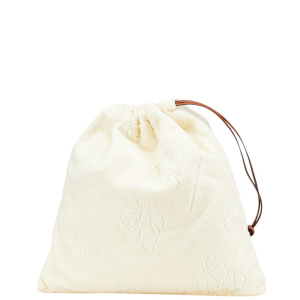 ロエベ アナグラム ドローストリングポーチ 巾着バッグ ホワイト タン パイル レザー レディース LOEWE 【中古】