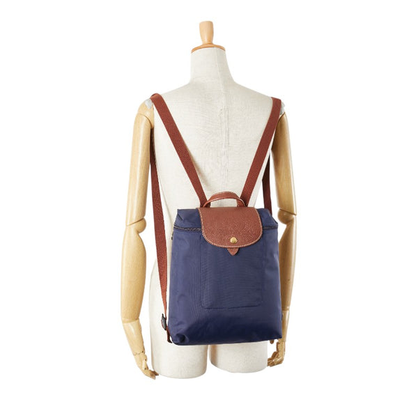 ロンシャン ル プリアージュ リュック バックパック ネイビー ブラウン ナイロン レザー レディース Longchamp 【中古】