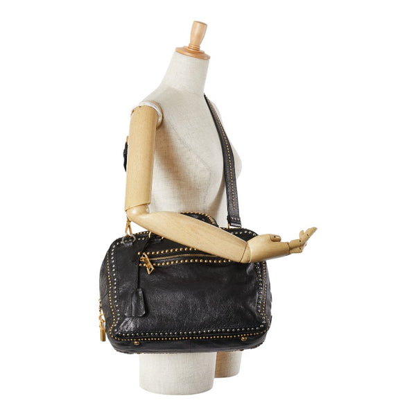 プラダ 三角ロゴプレート スタッズ ハンドバッグ ショルダーバッグ 2WAY ブラック レザー レディース PRADA 【中古】