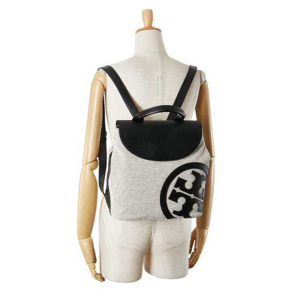 トリーバーチ ロゴ リュック バックパック ベージュ ブラック キャンバス レザー レディース Tory Burch 【中古】