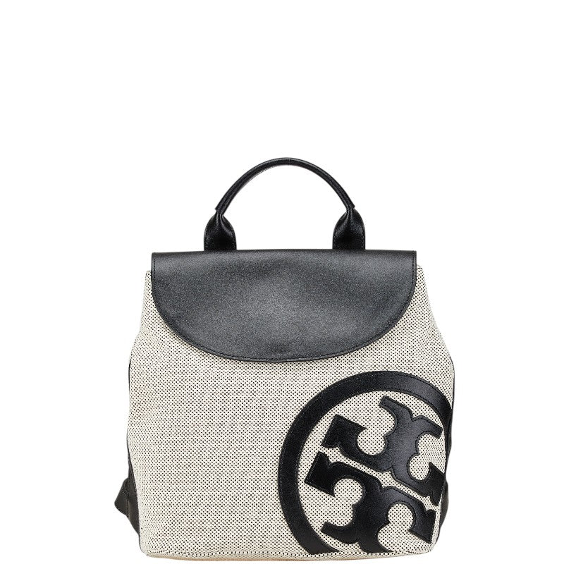 トリーバーチ ロゴ リュック バックパック ベージュ ブラック キャンバス レザー レディース Tory Burch 【中古】