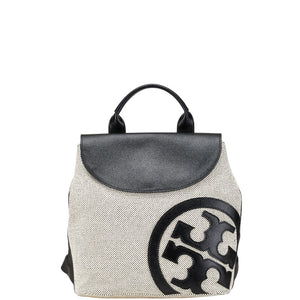 トリーバーチ ロゴ リュック バックパック ベージュ ブラック キャンバス レザー レディース Tory Burch 【中古】