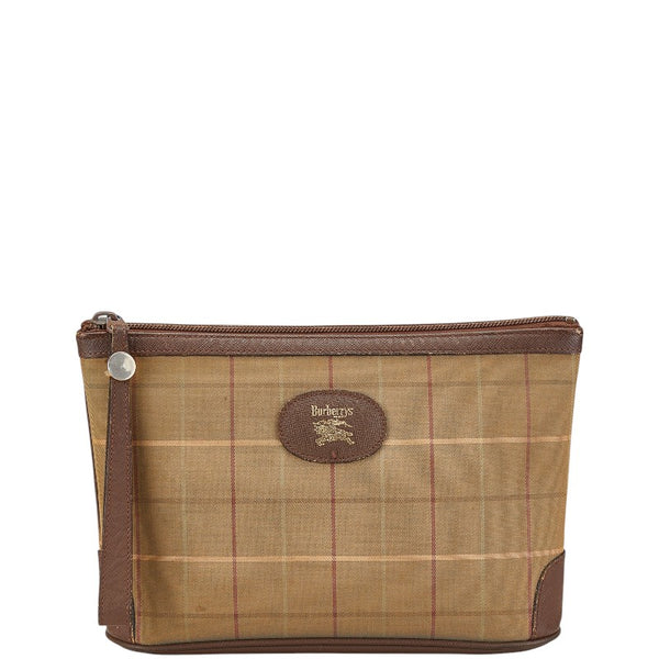 バーバリー チェック ポーチ 小物入れ ブラウン マルチカラー キャンバス レザー レディース BURBERRY 【中古】