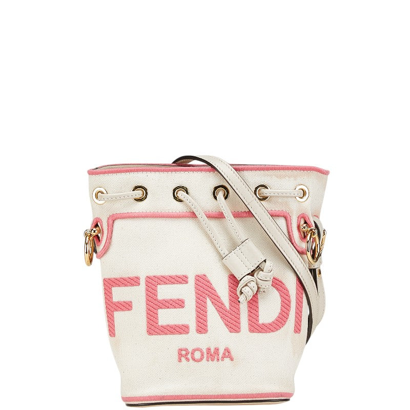 フェンディ Roma 刺繍 ロゴ ショルダーバッグ ホワイト ピンク キャンバス レザー レディース FENDI 【中古】