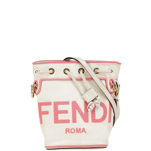 フェンディ Roma 刺繍 ロゴ ショルダーバッグ ホワイト ピンク キャンバス レザー レディース FENDI 【中古】
