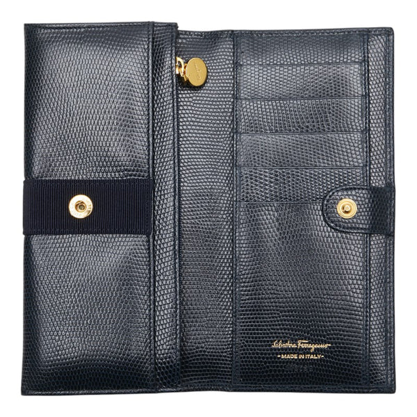 サルヴァトーレフェラガモ ヴァラリボン 長財布 ネイビー レザー レディース Salvatore Ferragamo 【中古】