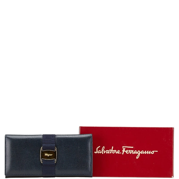 サルヴァトーレフェラガモ ヴァラリボン 長財布 ネイビー レザー レディース Salvatore Ferragamo 【中古】