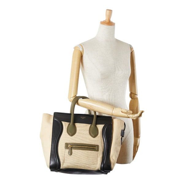 セリーヌ ラゲージ ミディアム ハンドバッグ ベージュ ブラック キャンバス レザー レディース CELINE 【中古】