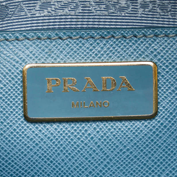 プラダ 三角ロゴプレート サフィアーノ ハンドバッグ ライトブルー レザー レディース PRADA 【中古】