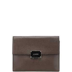 ロエベ ロゴプレート クラッチバッグ ブラウン シルバー レザー メンズ LOEWE 【中古】