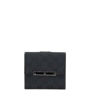 グッチ GGキャンバス ロゴプレート 二つ折り財布 112664 ブラック キャンバス レザー レディース GUCCI 【中古】