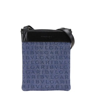 ブルガリ ロゴマニア ショルダーバッグ ブルー ブラック キャンバス レザー レディース BVLGARI 【中古】