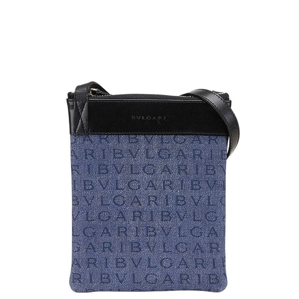 ブルガリ ロゴマニア ショルダーバッグ ブルー ブラック キャンバス レザー レディース BVLGARI 【中古】