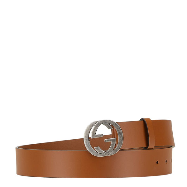 グッチ インターロッキングG ベルト 85.34 546389 ブラウン シルバー レザー メタル メンズ GUCCI 【中古】
