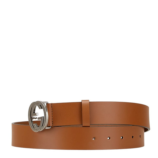 グッチ インターロッキングG ベルト 85.34 546389 ブラウン シルバー レザー メタル メンズ GUCCI 【中古】