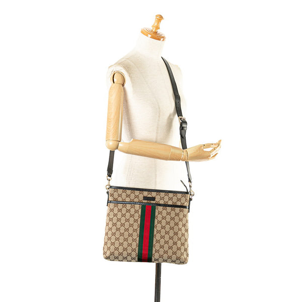 グッチ GGキャンバス シェリーライン 斜め掛け ショルダーバッグ 388926 ベージュ ブラック キャンバス レザー レディース GUCCI 【中古】