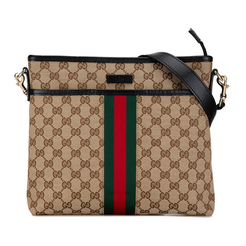 グッチ GGキャンバス シェリーライン 斜め掛け ショルダーバッグ 388926 ベージュ ブラック キャンバス レザー レディース GUCCI 【中古】