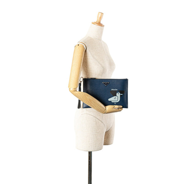 プラダ 三角ロゴプレート カモメ クラッチバッグ ネイビー サフィアーノ レザー メンズ PRADA 【中古】