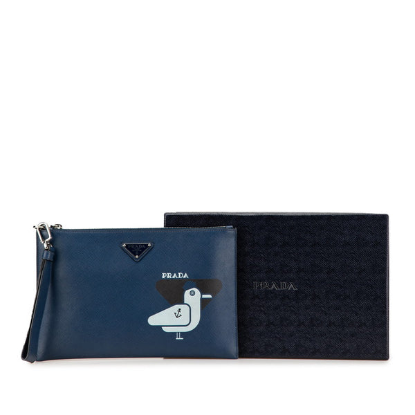 プラダ 三角ロゴプレート カモメ クラッチバッグ ネイビー サフィアーノ レザー メンズ PRADA 【中古】