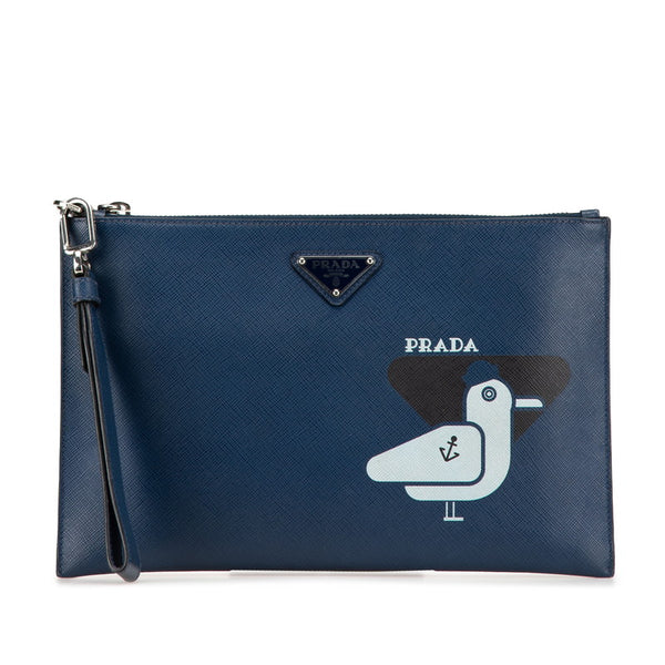 プラダ 三角ロゴプレート カモメ クラッチバッグ ネイビー サフィアーノ レザー メンズ PRADA 【中古】