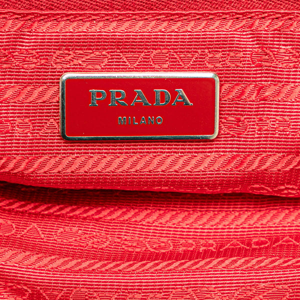 プラダ 三角ロゴプレート ストライプ ハンドバッグ ショルダーバッグ 2WAY レッド ブラック コットン レザー レディース PRADA 【中古】