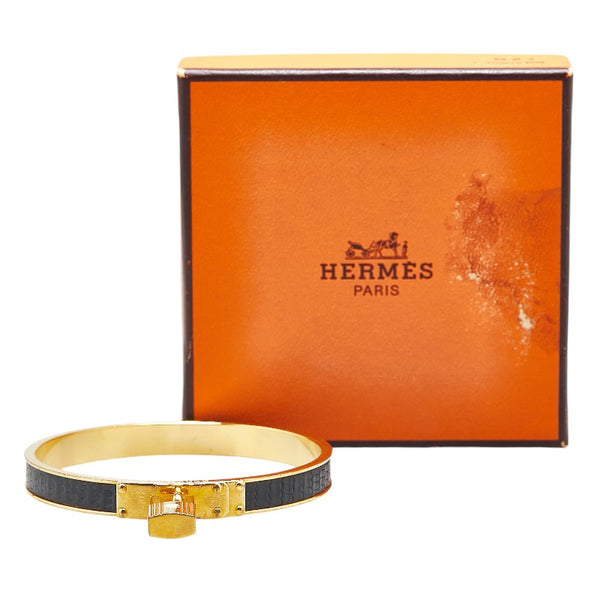 エルメス ケリーバングル カデナ モチーフ クロコ型押し バングル ゴールド ブラック メッキ レディース HERMES 【中古】