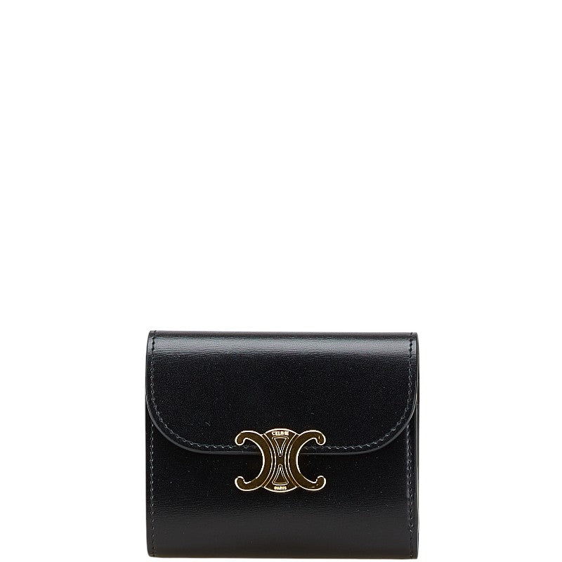 セリーヌ トリオンフロゴ スモール ウォレット 二つ折り財布 ブラック レザー レディース CELINE 【中古】