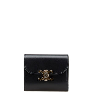 セリーヌ トリオンフロゴ スモール ウォレット 二つ折り財布 ブラック レザー レディース CELINE 【中古】