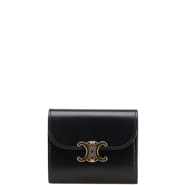 セリーヌ トリオンフロゴ スモール ウォレット 二つ折り財布 ブラック レザー レディース CELINE 【中古】
