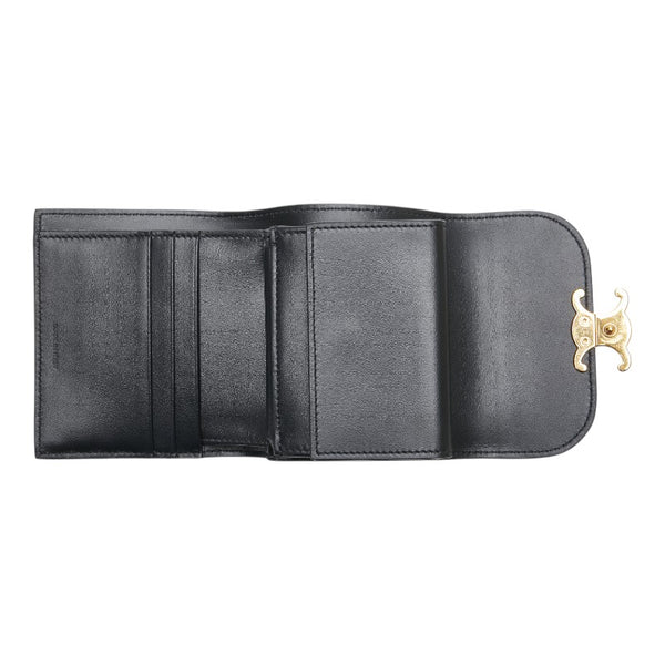 セリーヌ トリオンフロゴ スモール ウォレット 二つ折り財布 ブラック レザー レディース CELINE 【中古】