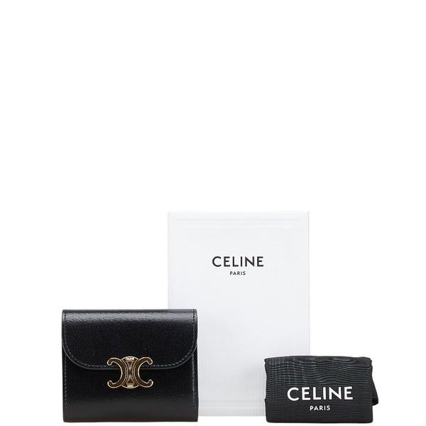 セリーヌ トリオンフロゴ スモール ウォレット 二つ折り財布 ブラック レザー レディース CELINE 【中古】