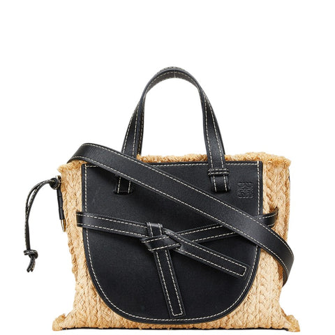 ロエベ アナグラム ゲート トップハンドル スモール ハンドバッグ ショルダーバッグ 2WAY 32913U61 ブラック ベージュ レザー ラフィア レディース LOEWE 【中古】