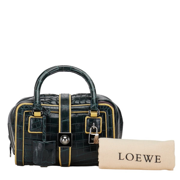 ロエベ クロコ型押し ハンドバッグ グリーン イエロー レザー レディース LOEWE 【中古】