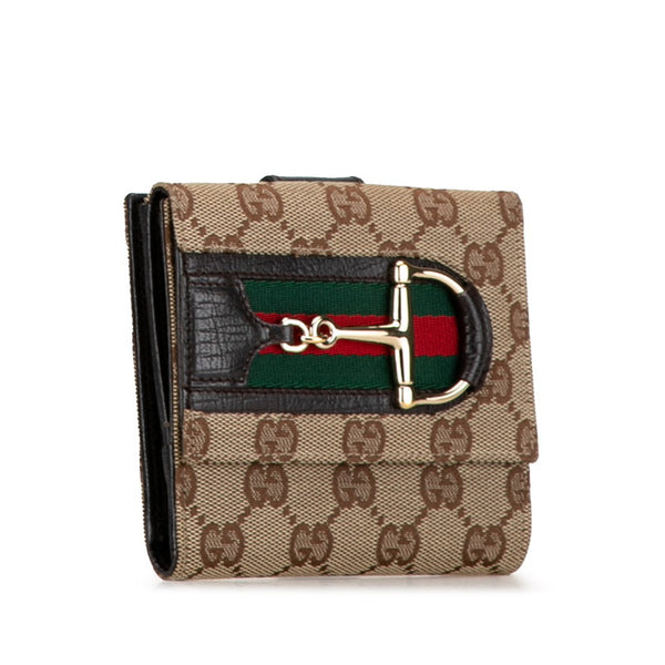 グッチ GGキャンバス ホースビット シェリーライン 二つ折り財布 138031 ブラウン キャンバス レザー レディース GUCCI 【中古】