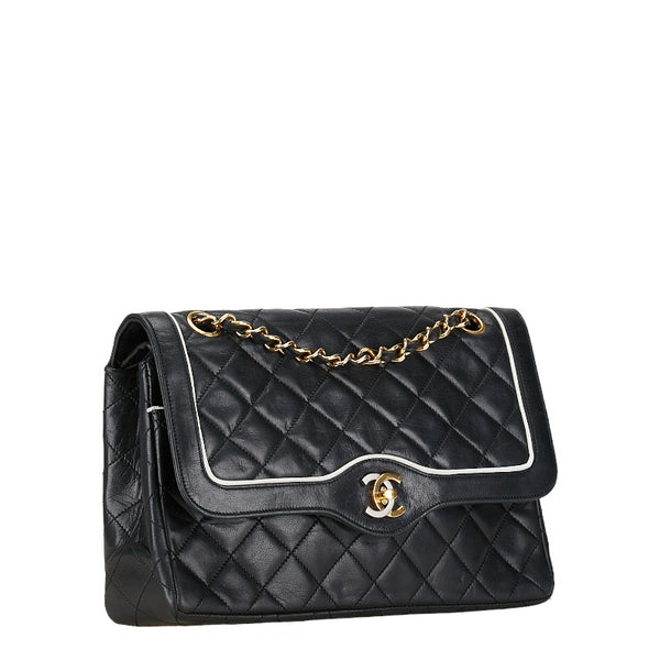 シャネル マトラッセ25 ココマーク ダブルフラップ チェーン ショルダーバッグ ブラック ラムスキン レディース CHANEL 【中古】