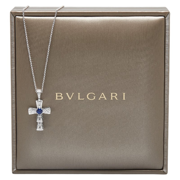 ブルガリ サファイヤ ダイヤモンド クロス ネックレス シルバー ブルー K18WG ホワイトゴールド レディース BVLGARI 【中古】