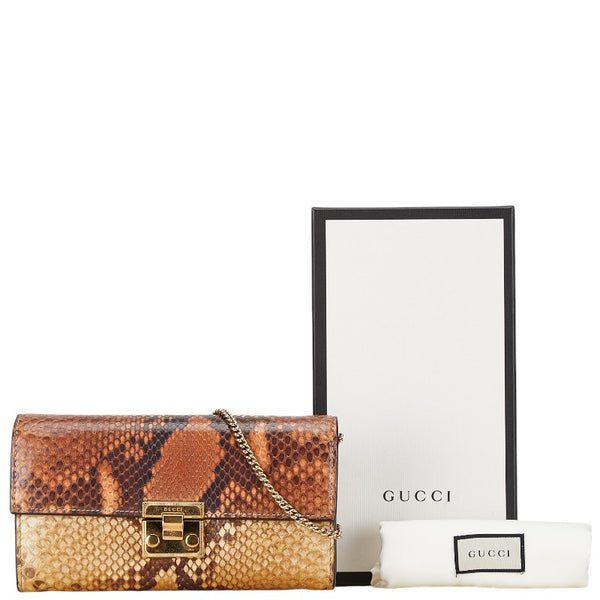 グッチ チェーン ウォレット 長財布 453506 ブラウン ベージュ パイソン レザー レディース GUCCI 【中古】