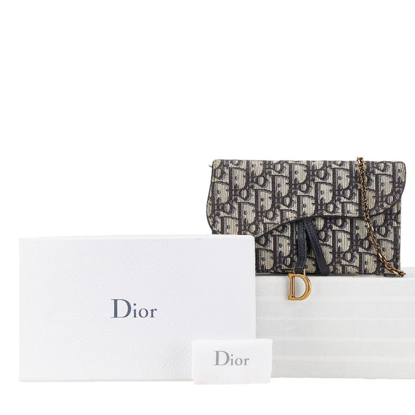 ディオール オブリーク サドル 長財布 チェーン ウォレット ネイビー ベージュ キャンバス レザー レディース Dior 【中古】