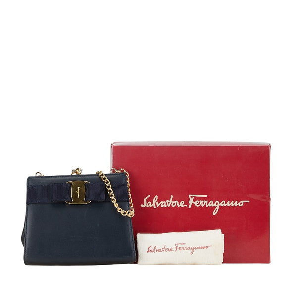 サルヴァトーレフェラガモ ヴァラリボン ショルダーバッグ ネイビー レザー キャンバス レディース Salvatore Ferragamo 【中古】