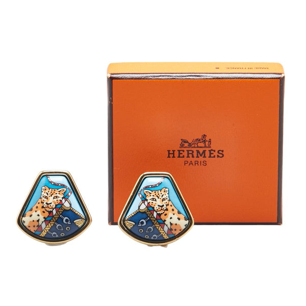 エルメス エマイユ 七宝焼き ヒョウ イヤリング ブルー ゴールド マルチカラー メッキ レディース HERMES 【中古】