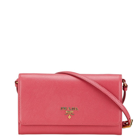 プラダ ロゴ金具 長財布 ショルダーウォレット 1M1437 ピンク サフィアーノ レディース PRADA 【中古】