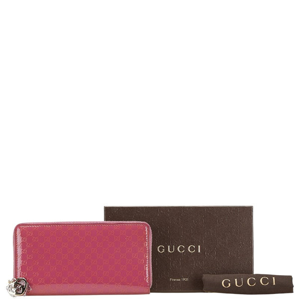グッチ マイクログッチシマ ラブリー Gハート 長財布 ラウンドファスナー 308005 ピンク エナメル レザー レディース GUCCI 【中古】