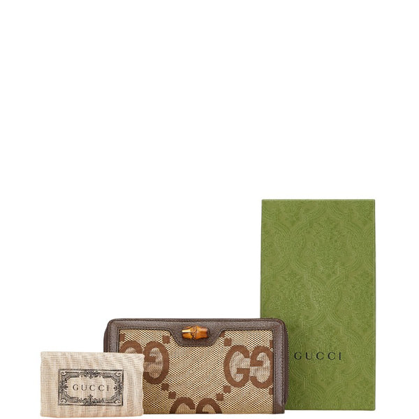 グッチ ジャンボGG ダイアナ バンブー ラウンドファスナー 長財布 658634 ベージュ ブラウン キャンバス レザー レディース GUCCI 【中古】