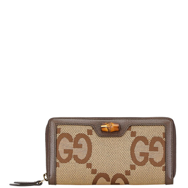 グッチ ジャンボGG ダイアナ バンブー ラウンドファスナー 長財布 658634 ベージュ ブラウン キャンバス レザー レディース GUCCI 【中古】