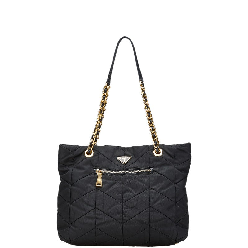 プラダ 三角ロゴプレート キルティング チェーン ショルダーバッグ トートバッグ ブラック ナイロン レザー レディース PRADA 【中古】
