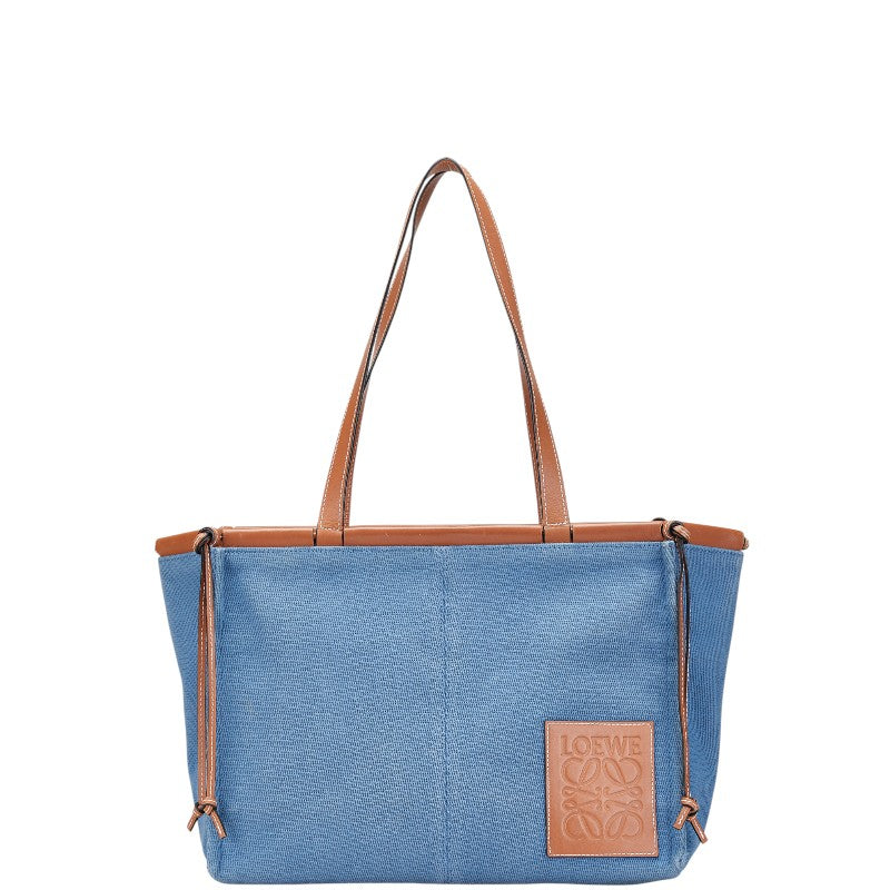 ロエベ クッショントート ミディアム トートバッグ ショルダーバッグ ライトブルー ブラウン キャンバス レザー レディース LOEWE 【中古】