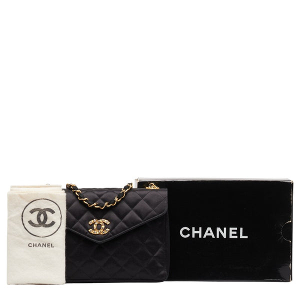 シャネル ココマーク ラインストーン チェーン ショルダーバッグ ブラック ゴールド サテン レディース CHANEL 【中古】