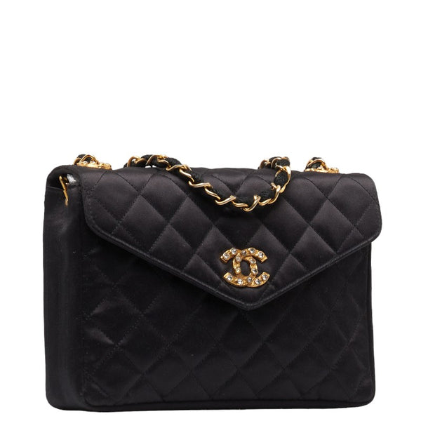 シャネル ココマーク ラインストーン チェーン ショルダーバッグ ブラック ゴールド サテン レディース CHANEL 【中古】