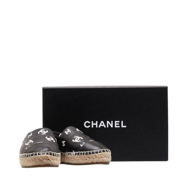 シャネル ココマーク 総柄 エスパドリーユ スニーカー 37 フラットシューズ ブラック レザー ラフィア レディース CHANEL 【中古】